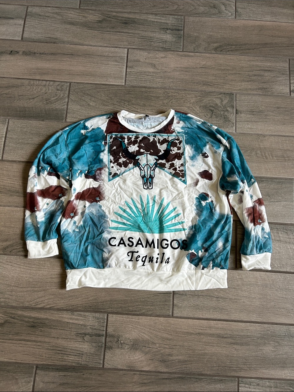 Tequila Long Sleeve Graphic Tee in Teal, White & Brown